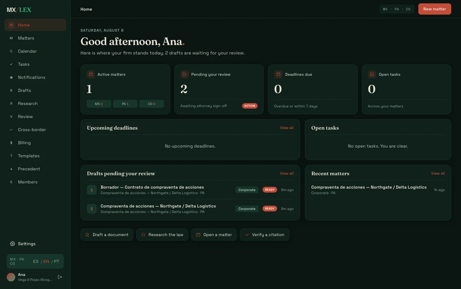 MXLEX home dashboard showing the firm's active matters